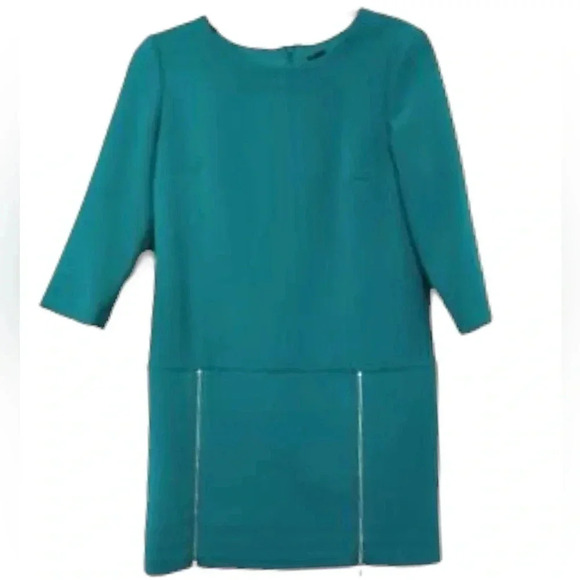 ANN TAYLOR | Women’s Teal Green Shift Dress 3/4 Sleeve Front Zippers Size 2 - Picture 3 of 15